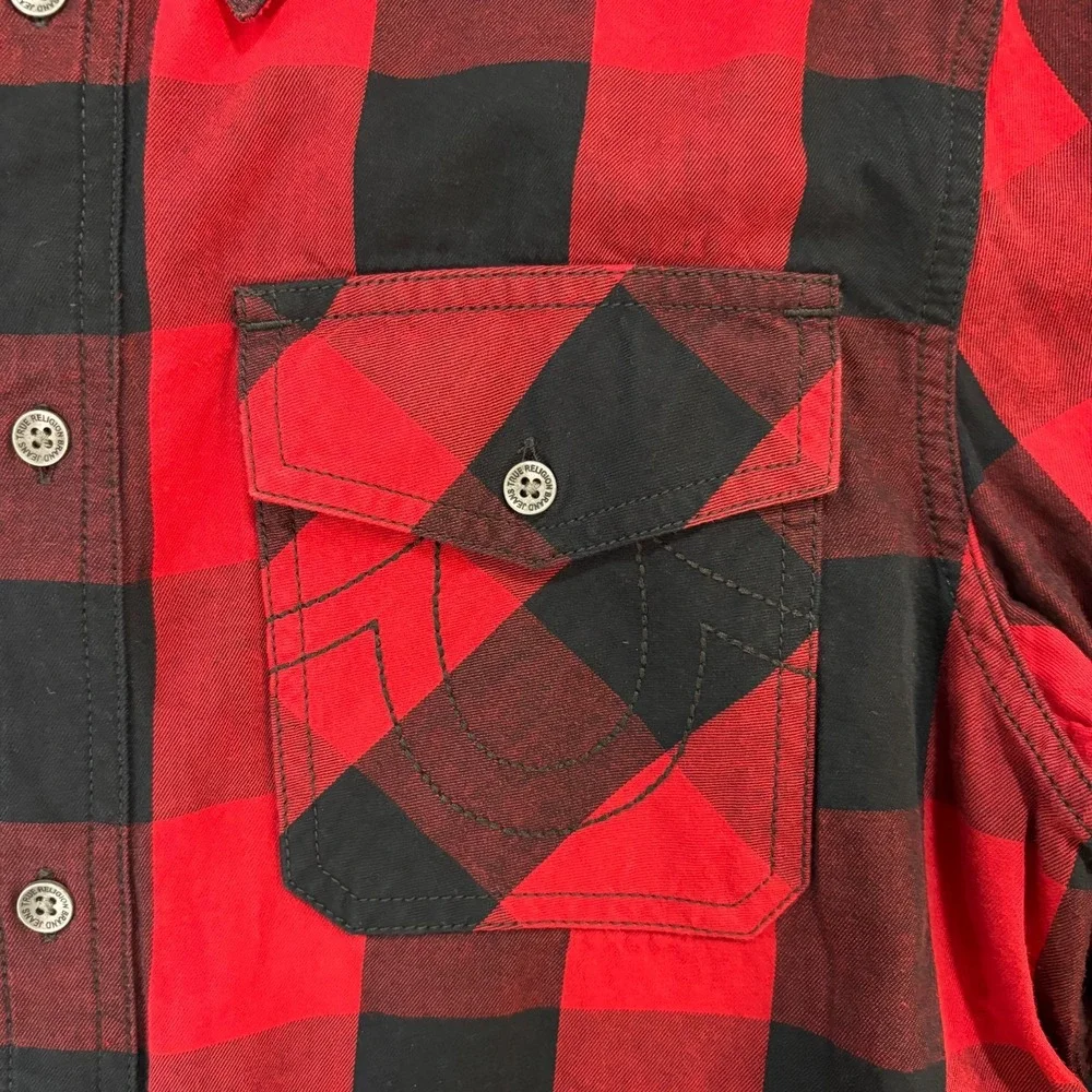 TRUE RELIGION Brand‎ Jeans Mens Small Red Black Buffalo Plaid Flannel Shirt